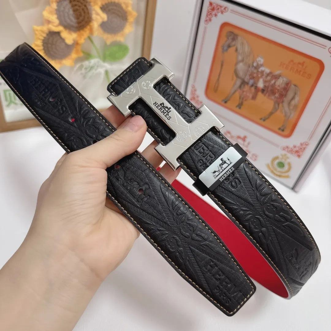 orange Hermes Embossed Leather Belt - Hình 4