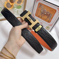 gold buckle Hermes Embossed Black Leather Belt