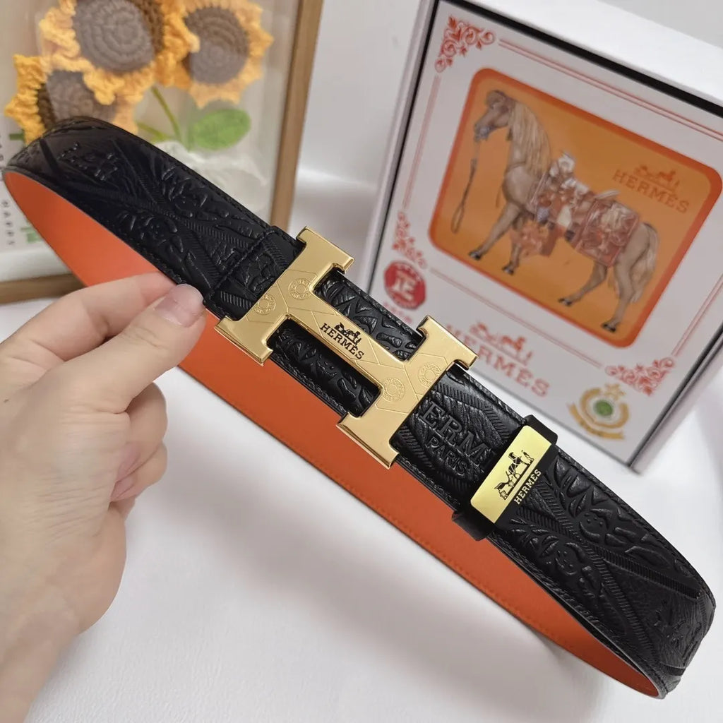 gold buckle Hermes Embossed Black Leather Belt - Hình 4