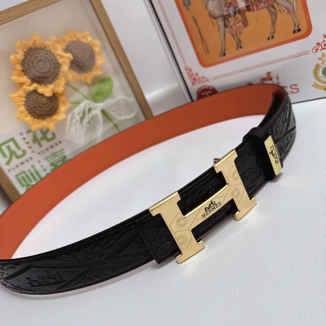 gold buckle Hermes Embossed Black Leather Belt - Hình 6