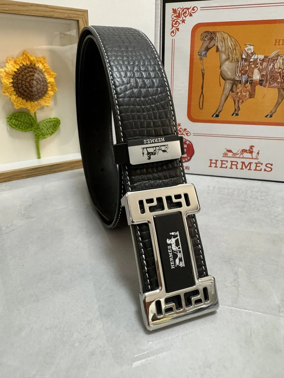 silver buckle Hermes Black Textured Leather Belt