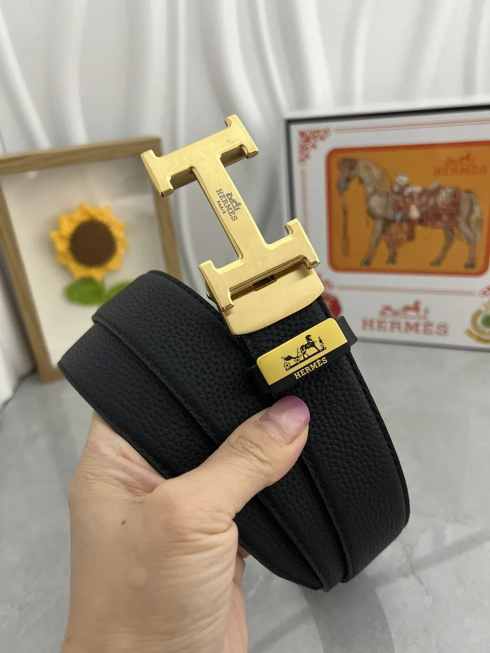 Hermes Black Textured Leather Belt gold buckle