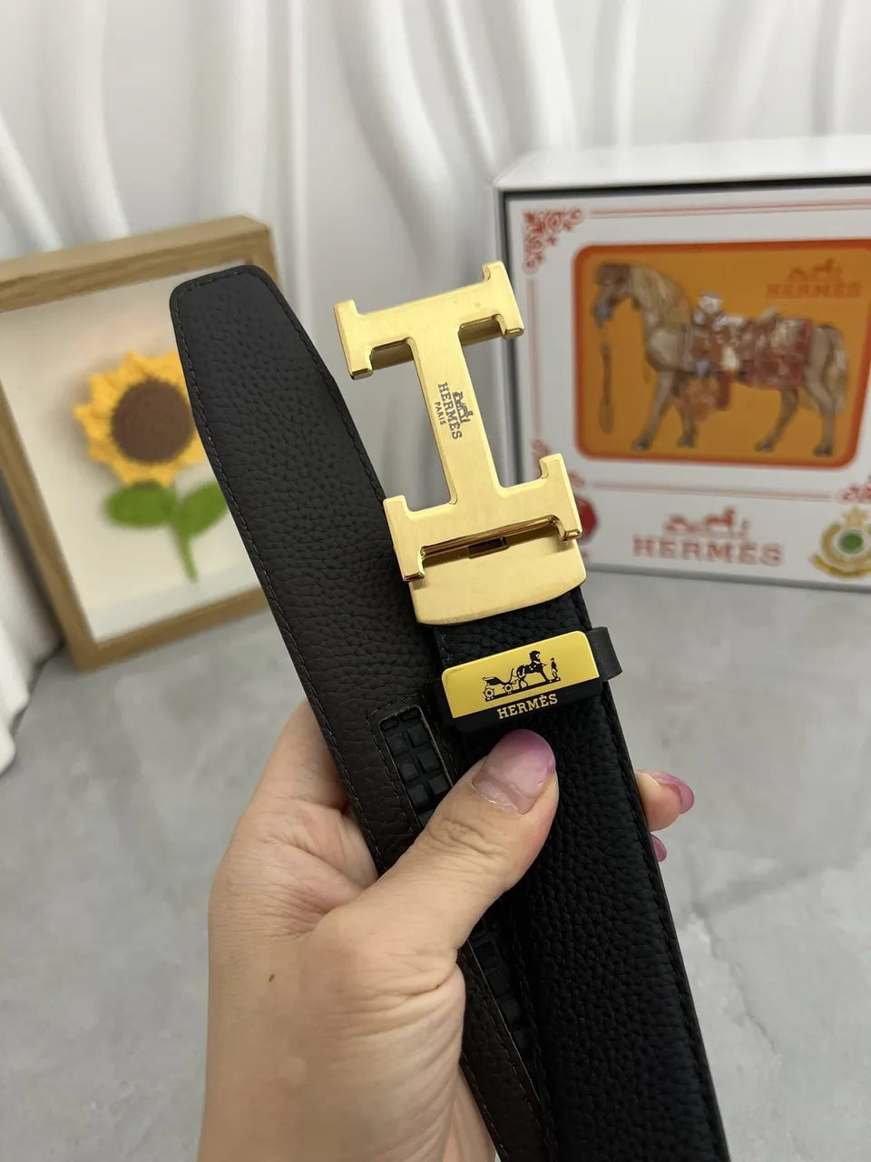 Hermes Black Textured Leather Belt gold buckle - Hình 5