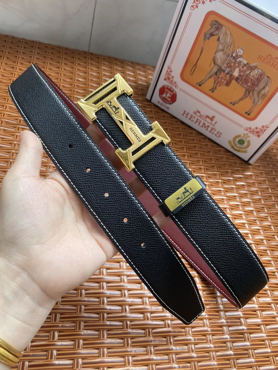 silver gold Hermes Black Leather Belt