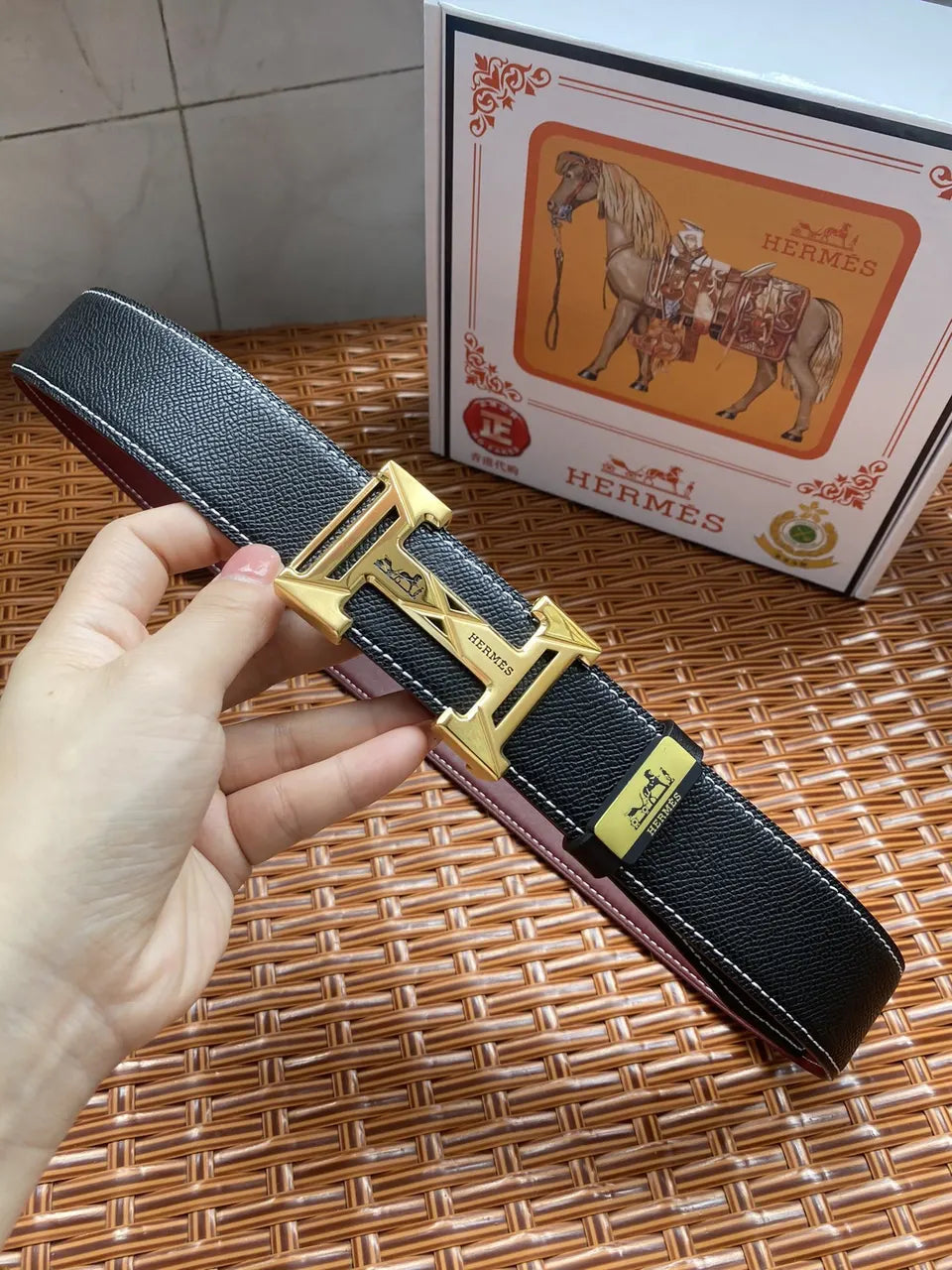 silver gold Hermes Black Leather Belt - Hình 3
