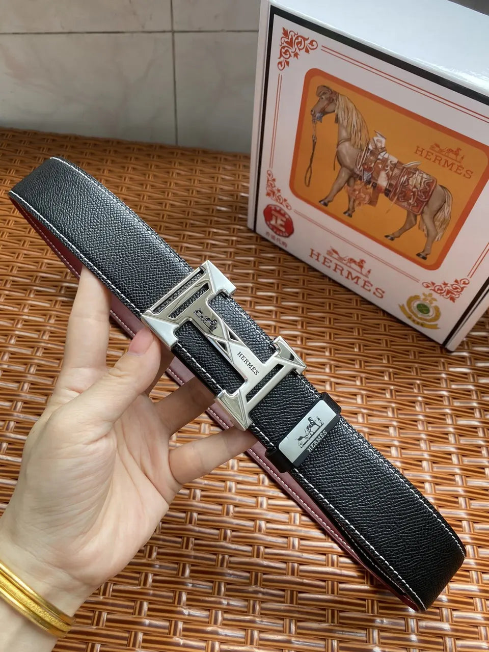 silver gold Hermes Black Leather Belt - Hình 4