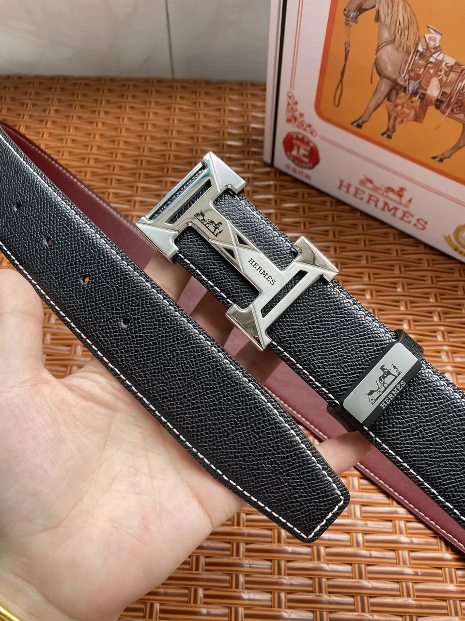 silver gold Hermes Black Leather Belt - Hình 6