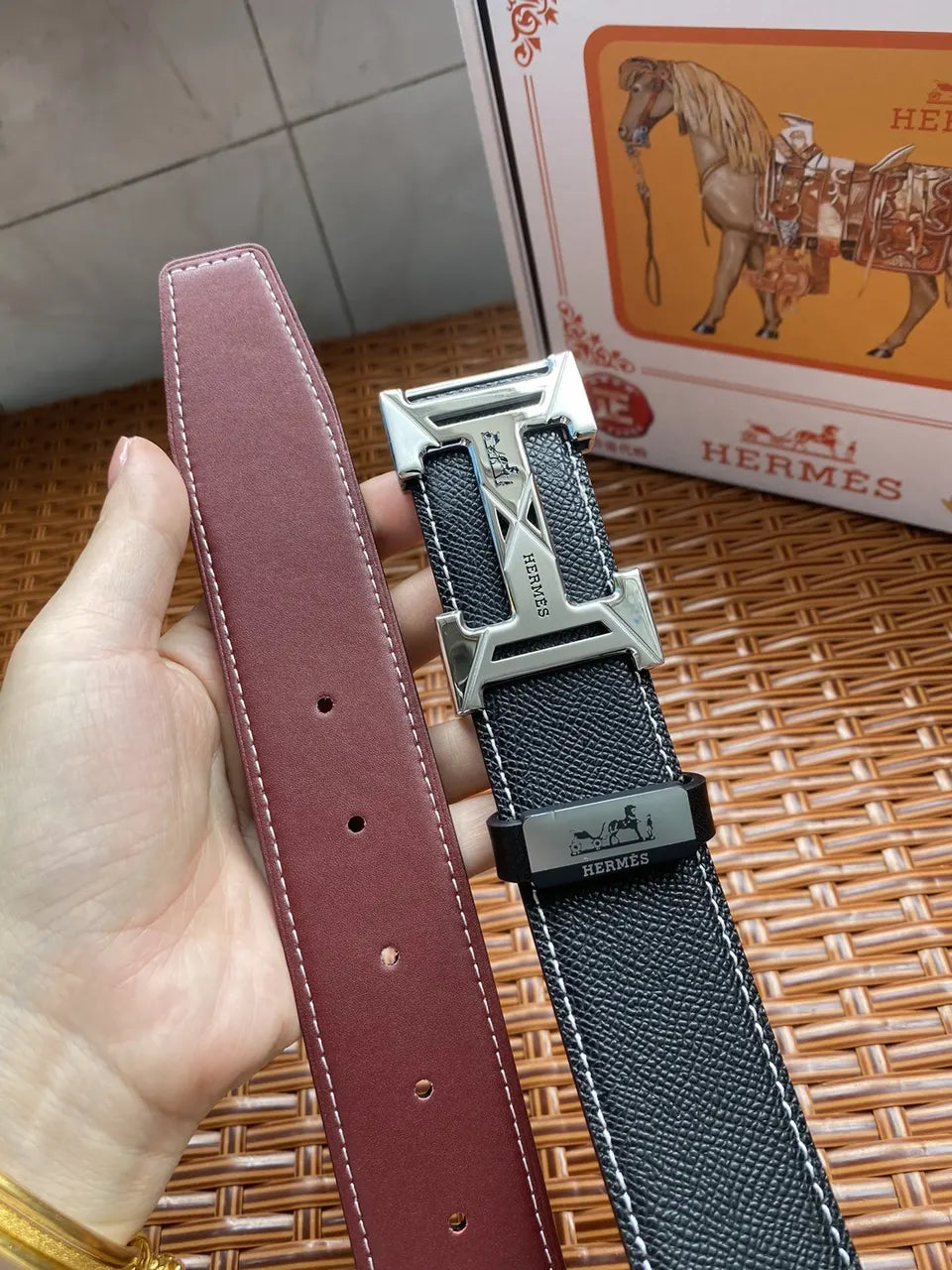 silver gold Hermes Black Leather Belt - Hình 7