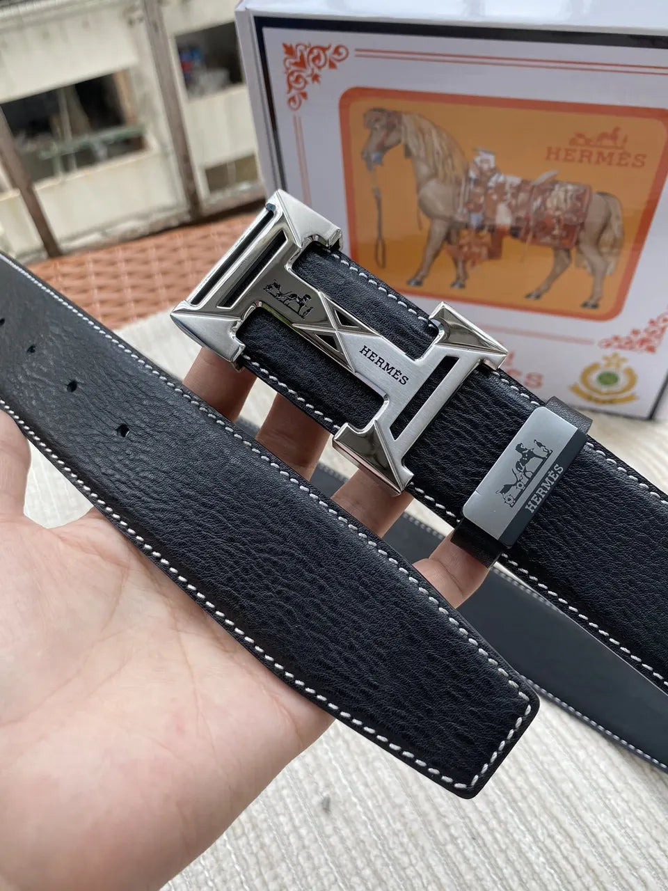Hermes Silver Buckle Black Leather Belt - Hình 5