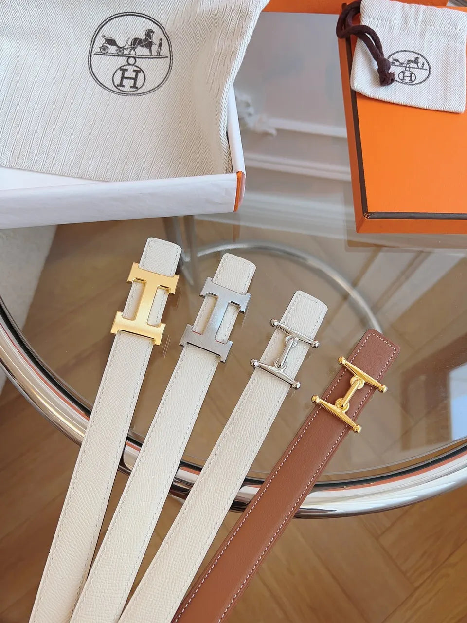 Hermes White Leather Belt Gold H - Hình 9