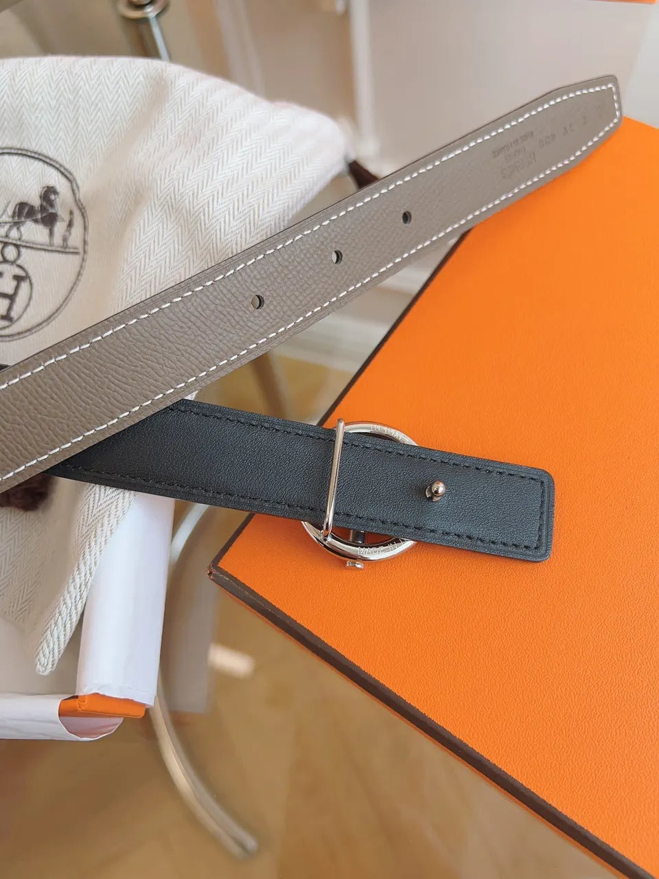 silver Hermes Etoupe Leather Belt - Hình 7