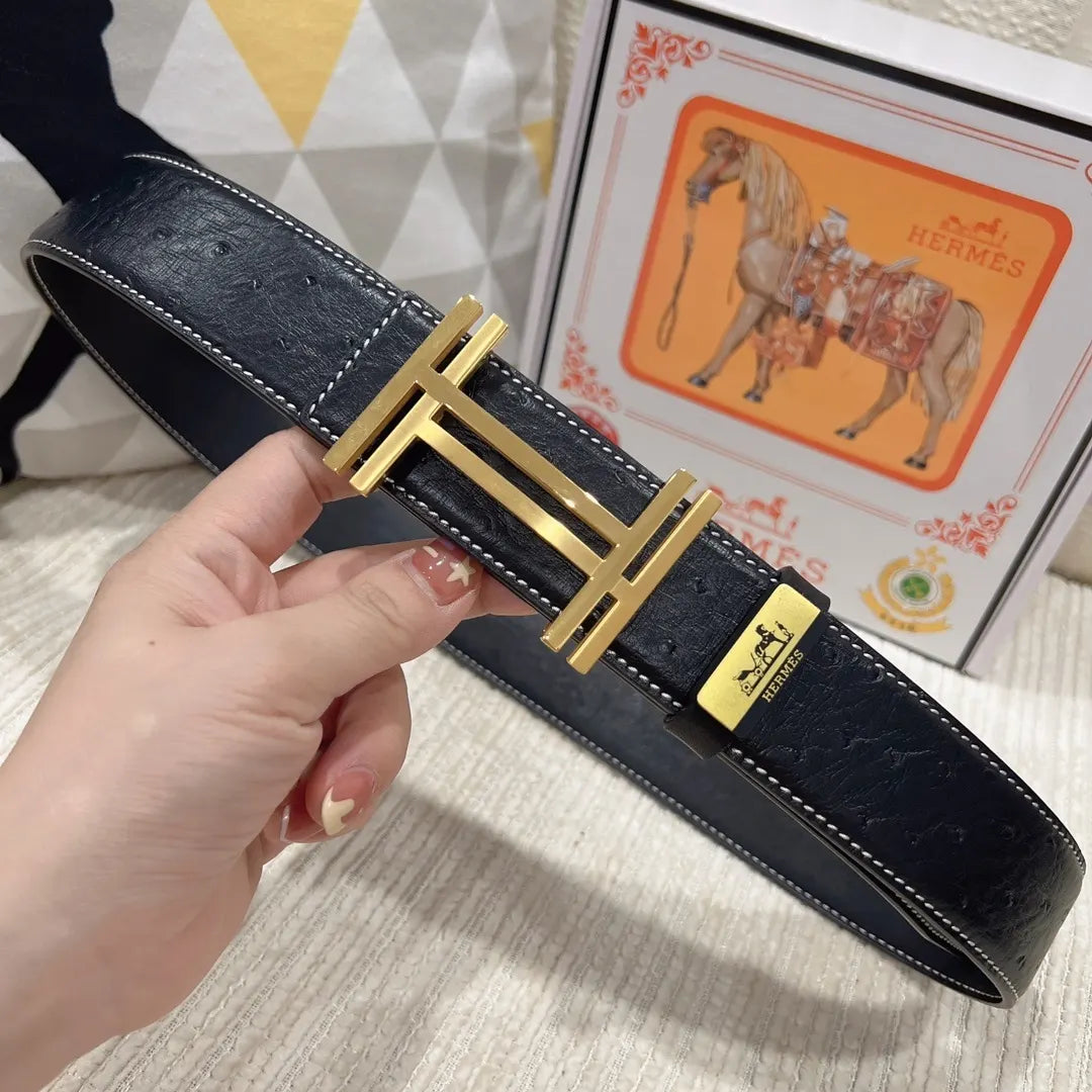 gold Hermes Black Ostrich Leather Belt - Hình 2