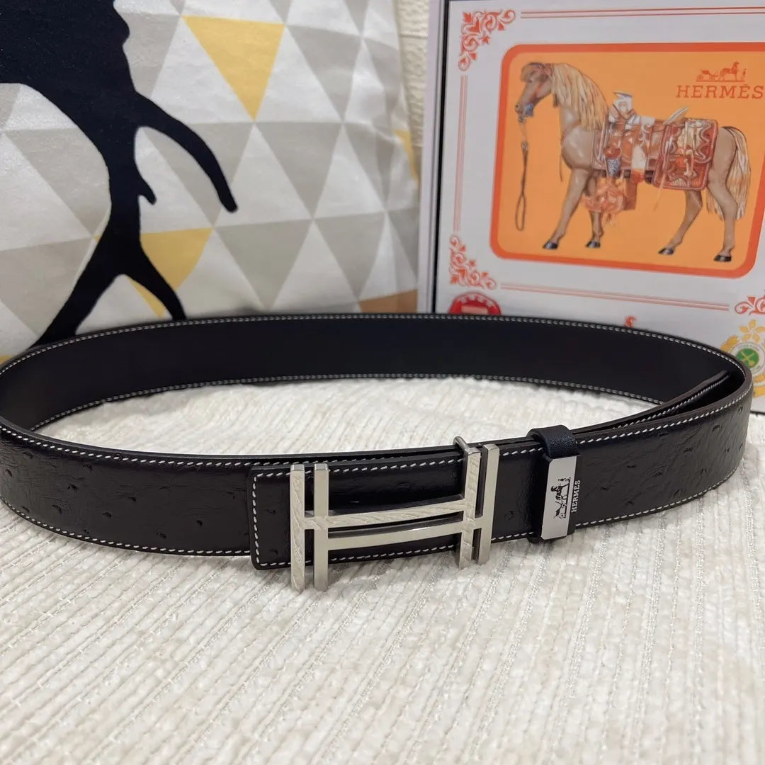 Hermes Black Ostrich Leather Belt - Hình 2