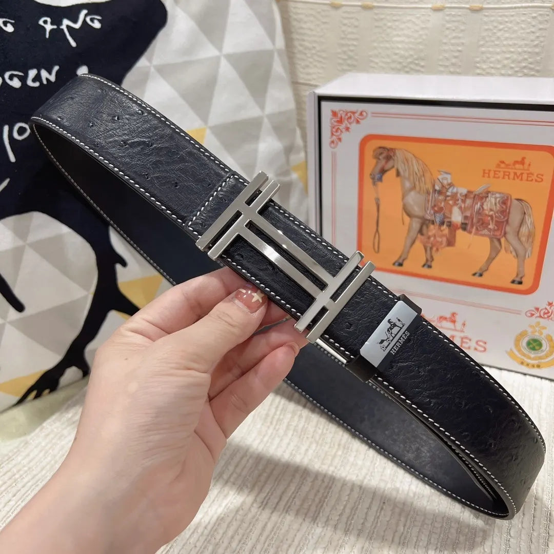 Hermes Black Ostrich Leather Belt - Hình 3