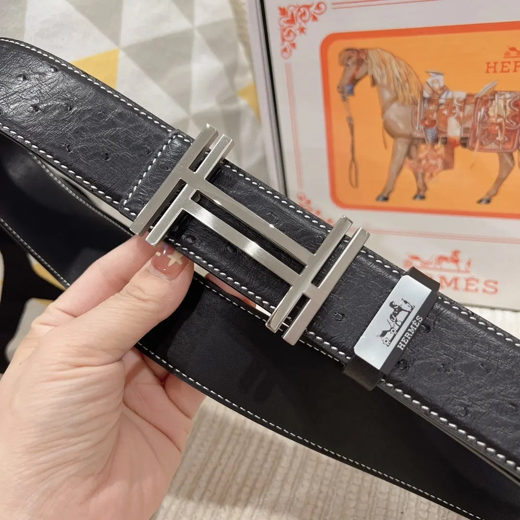 Hermes Black Ostrich Leather Belt - Hình 4