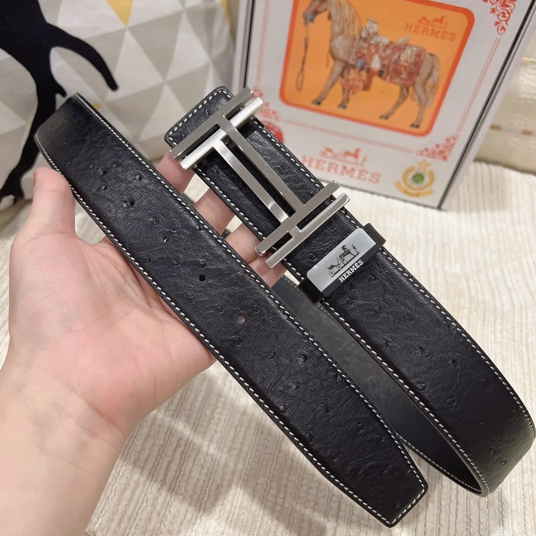 Hermes Black Ostrich Leather Belt - Hình 5
