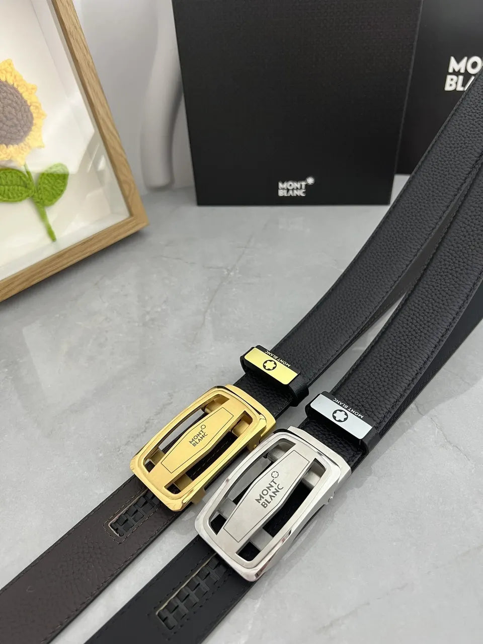 silver Montblanc Black Leather Belt