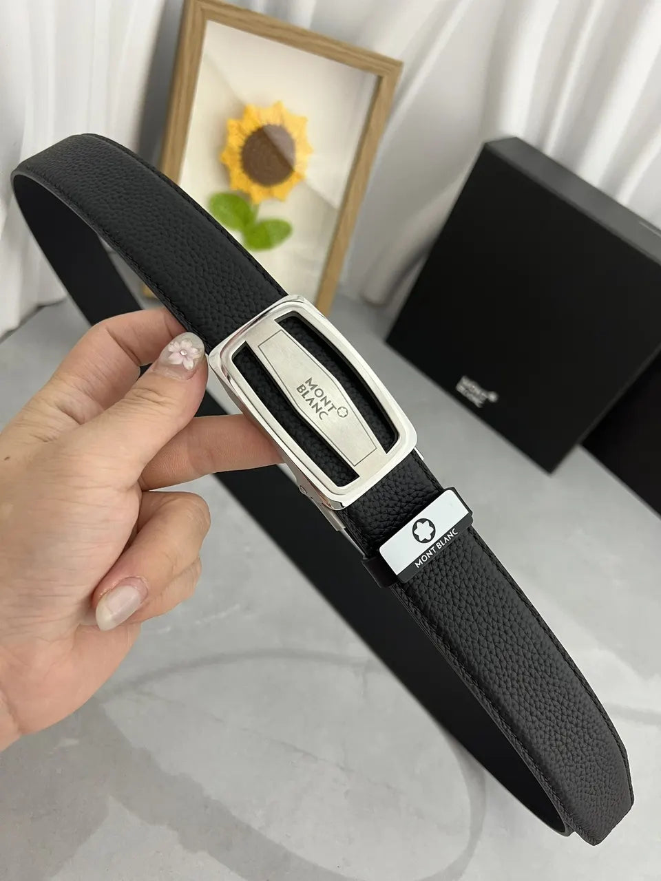 silver Montblanc Black Leather Belt - Hình 5