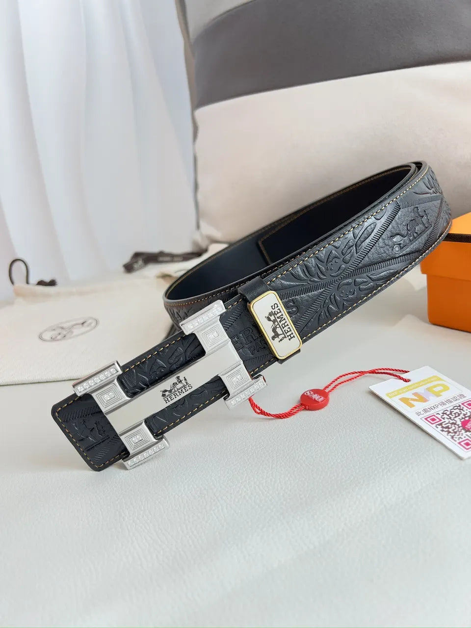 rhinestone Hermes Black Embossed Leather Belt