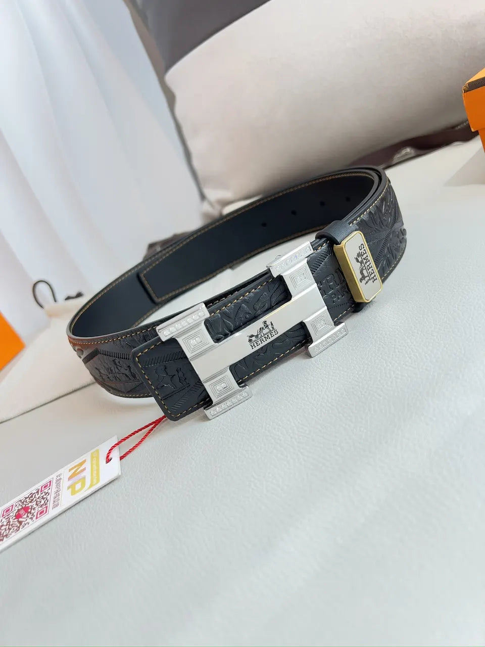 rhinestone Hermes Black Embossed Leather Belt - Hình 3