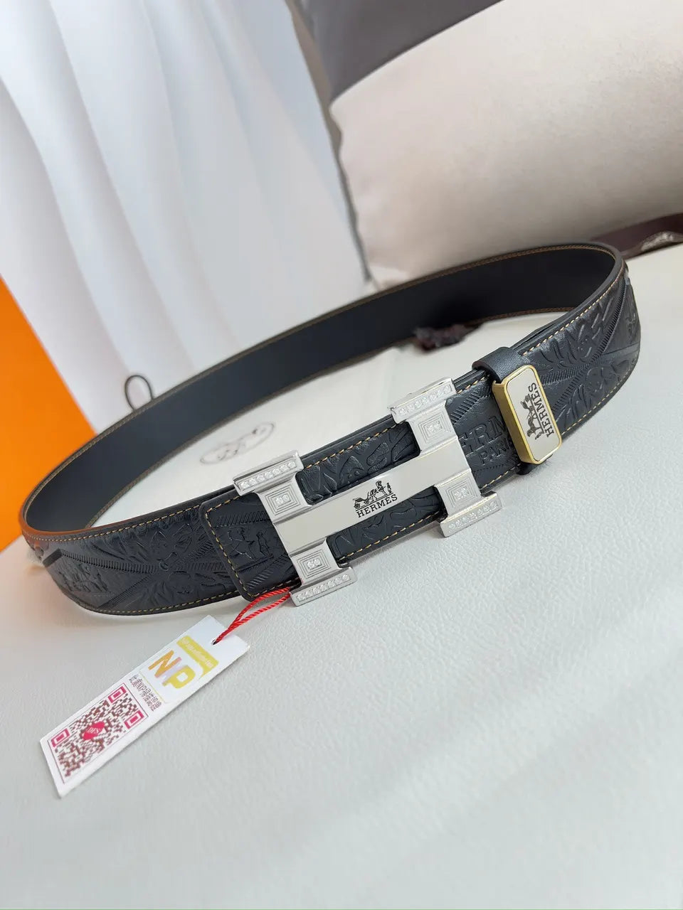 leather Hermes Black Embossed Belt - Hình 3