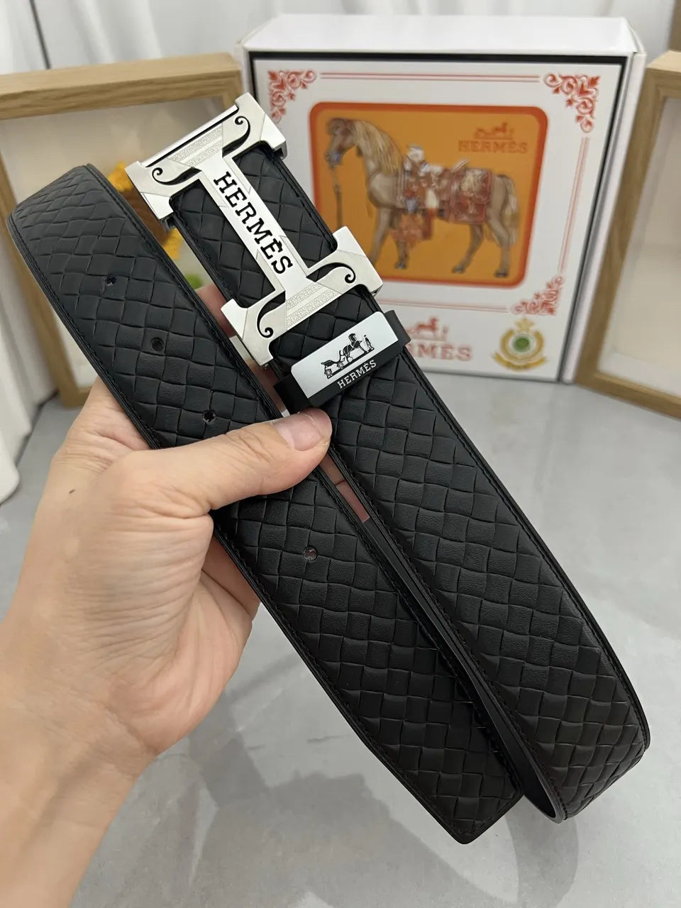 Hermès Black Woven Leather Belt - Hình 2