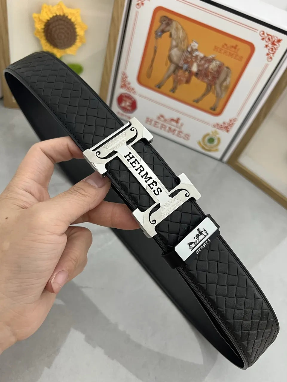 Hermès Black Woven Leather Belt - Hình 3