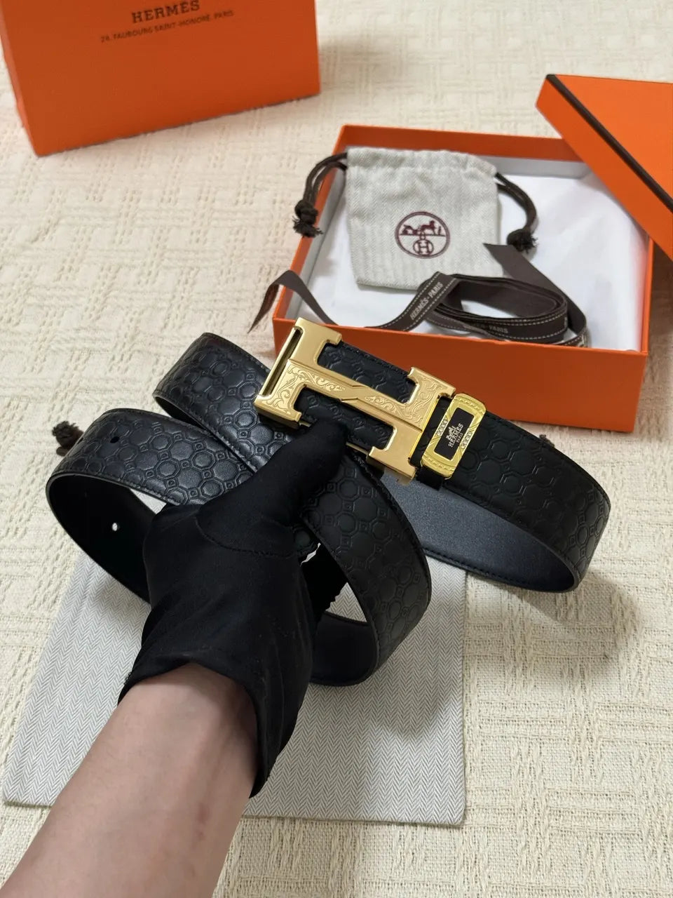 gold Hermes Black Alligator Belt - Hình 3