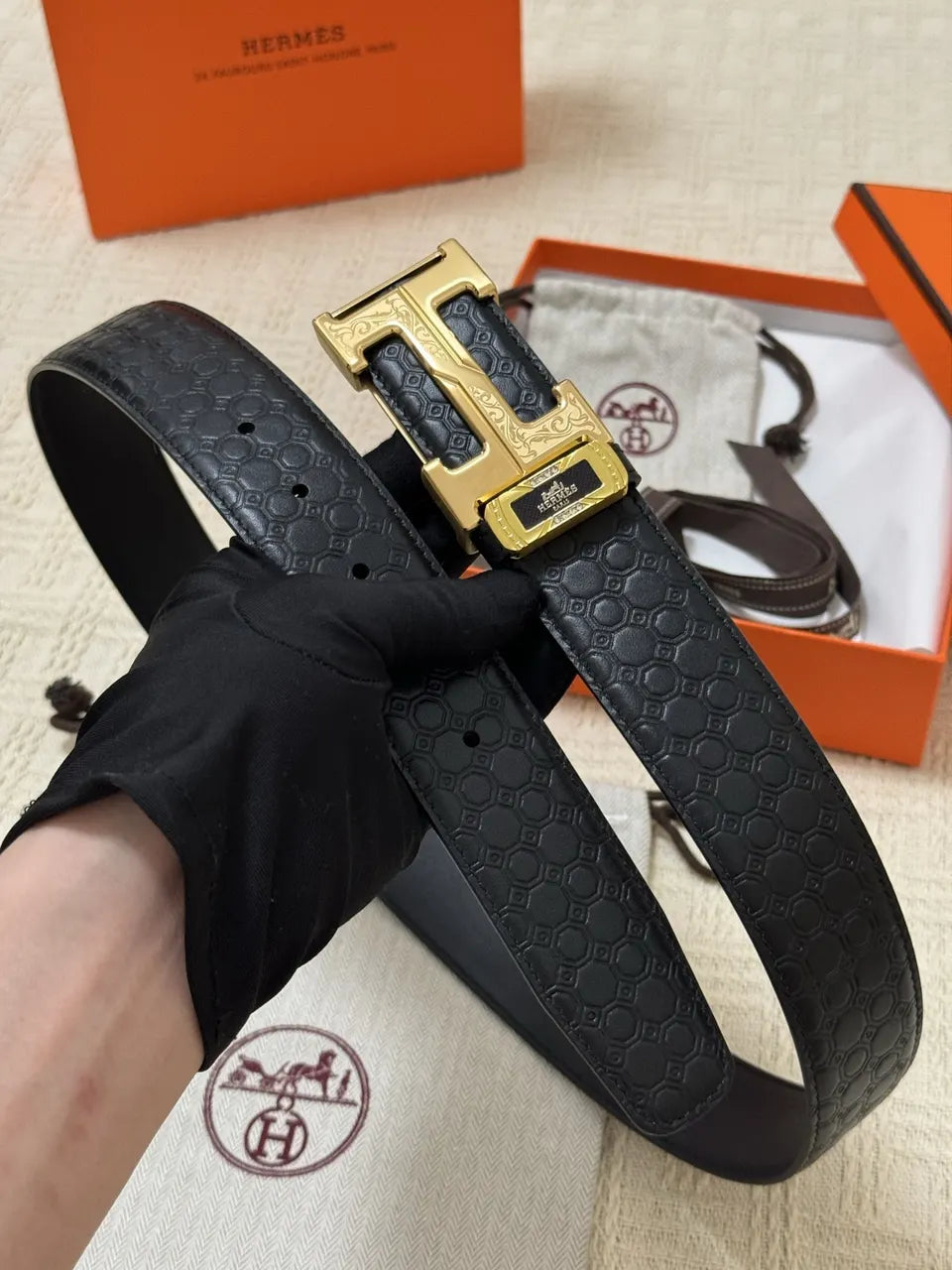 gold Hermes Black Alligator Belt - Hình 5