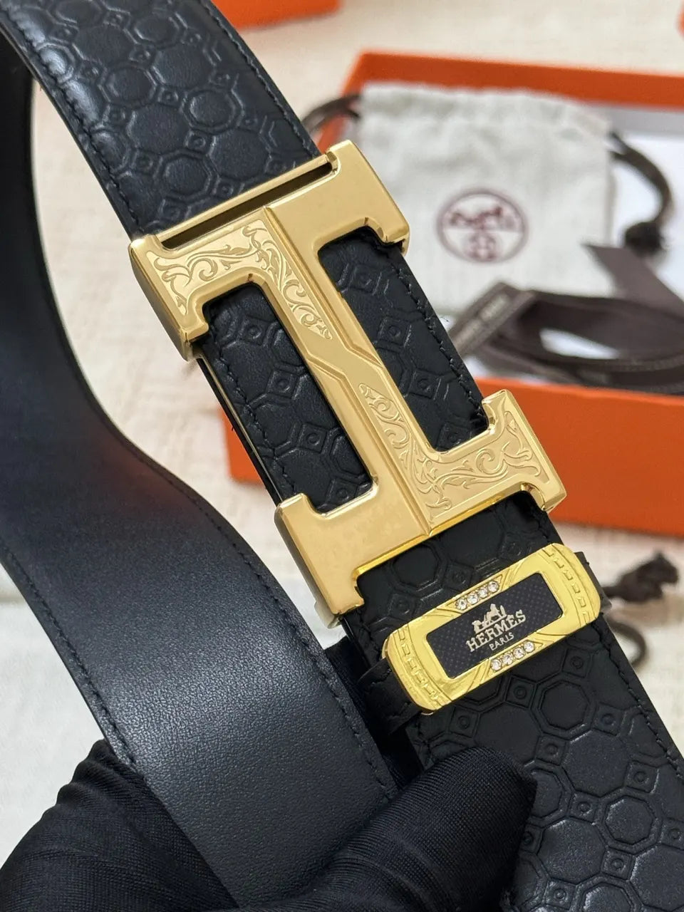 gold Hermes Black Alligator Belt - Hình 7