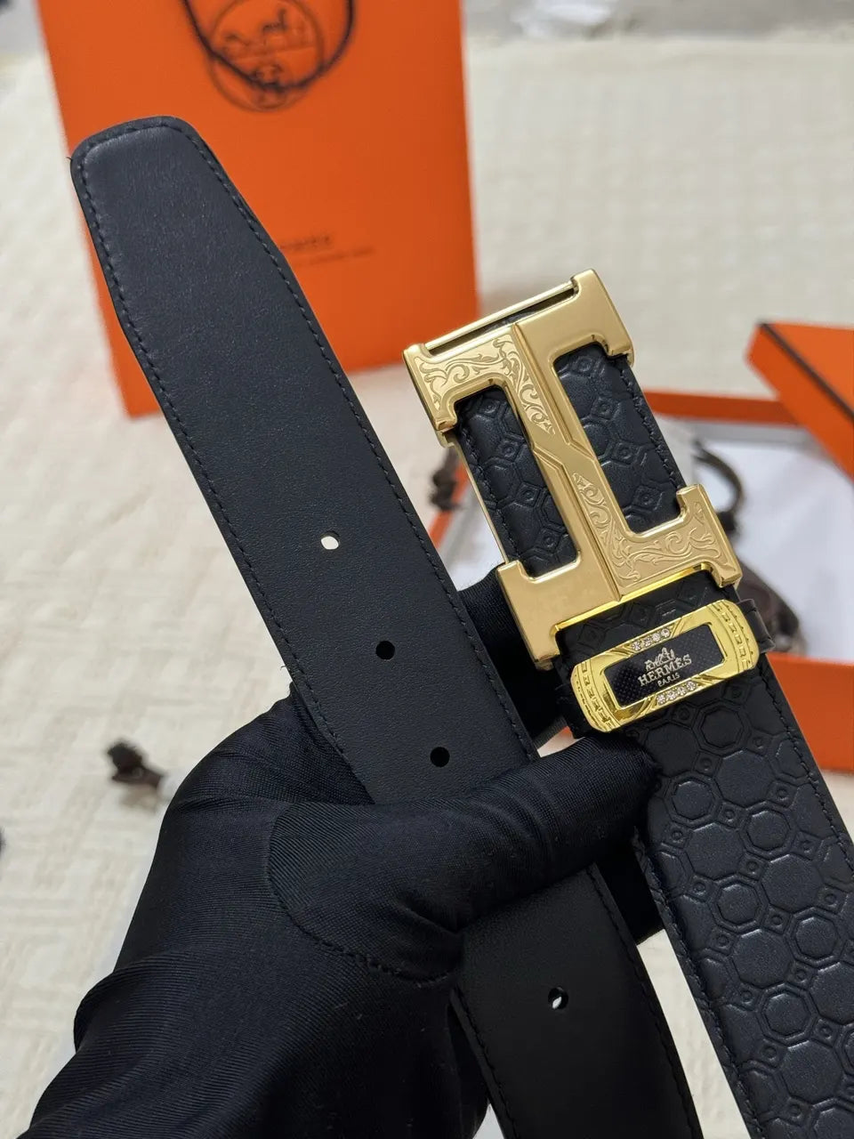 gold Hermes Black Alligator Belt - Hình 8