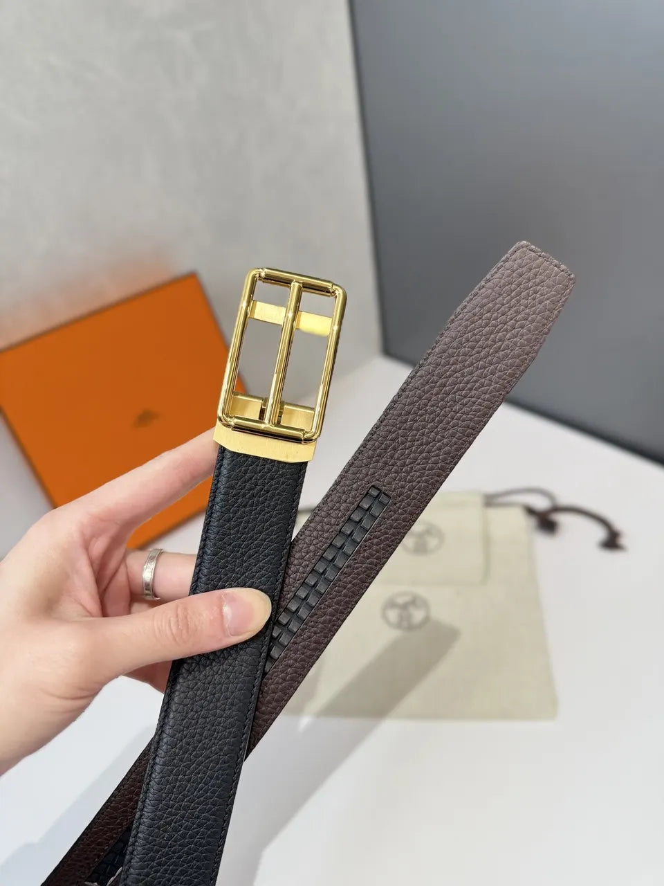 Hermes Black Grain Leather Belt - Hình 5