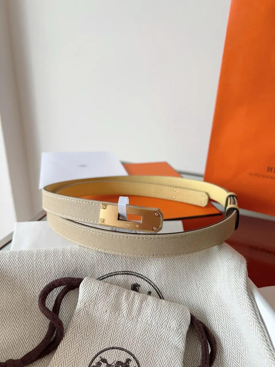 Hermes Khaki Canvas Gold Kelly Belt