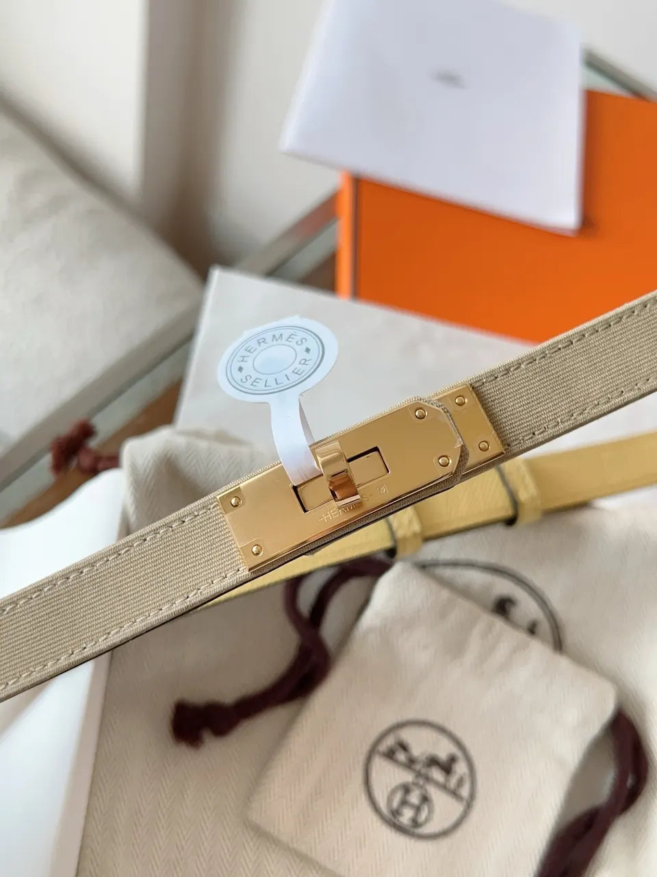 Hermes Khaki Canvas Gold Kelly Belt - Hình 3