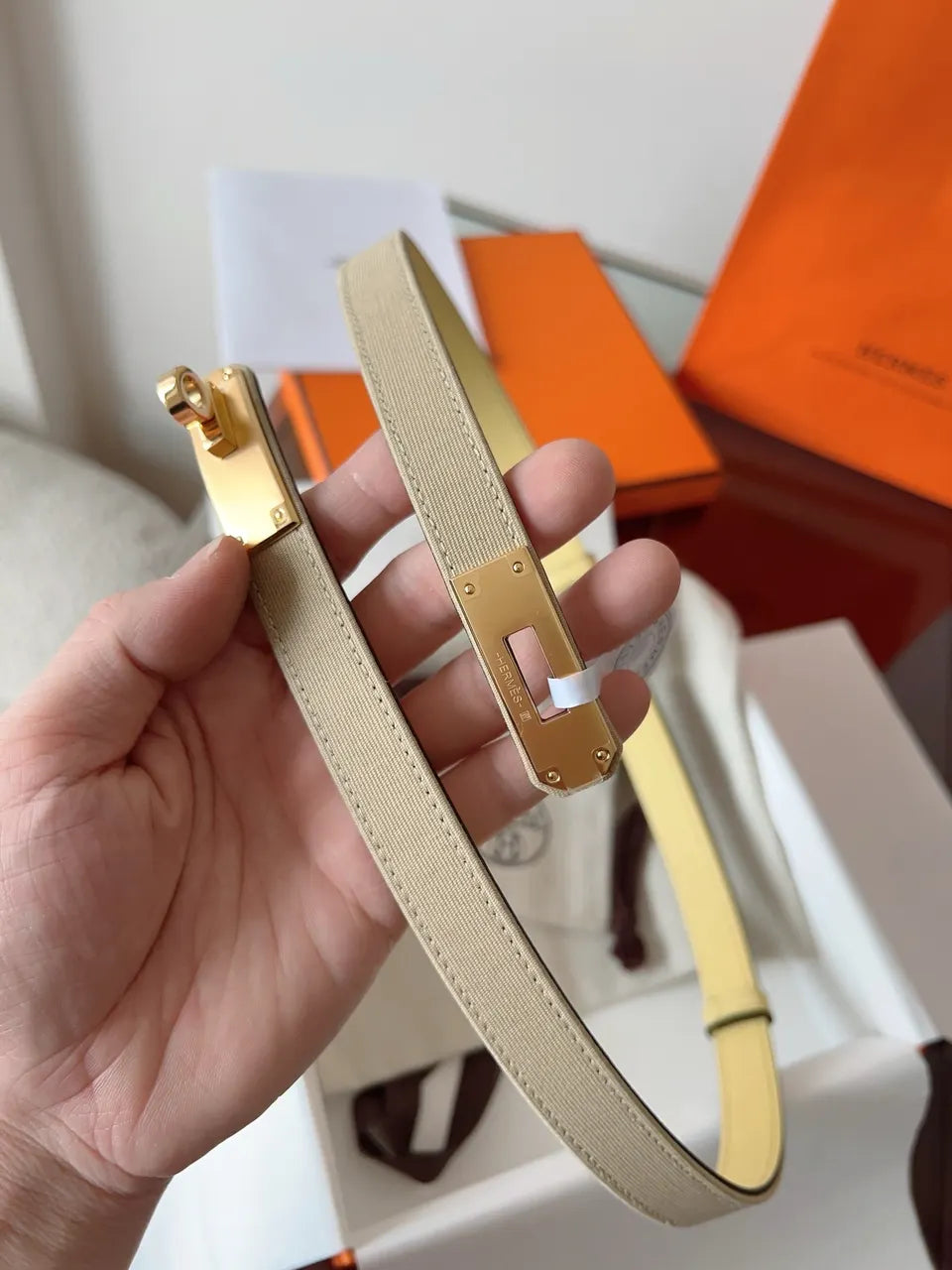 Hermes Khaki Canvas Gold Kelly Belt - Hình 4