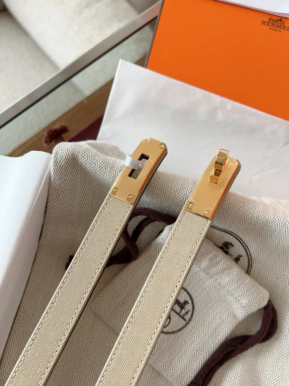 Hermes Khaki Canvas Gold Kelly Belt - Hình 5