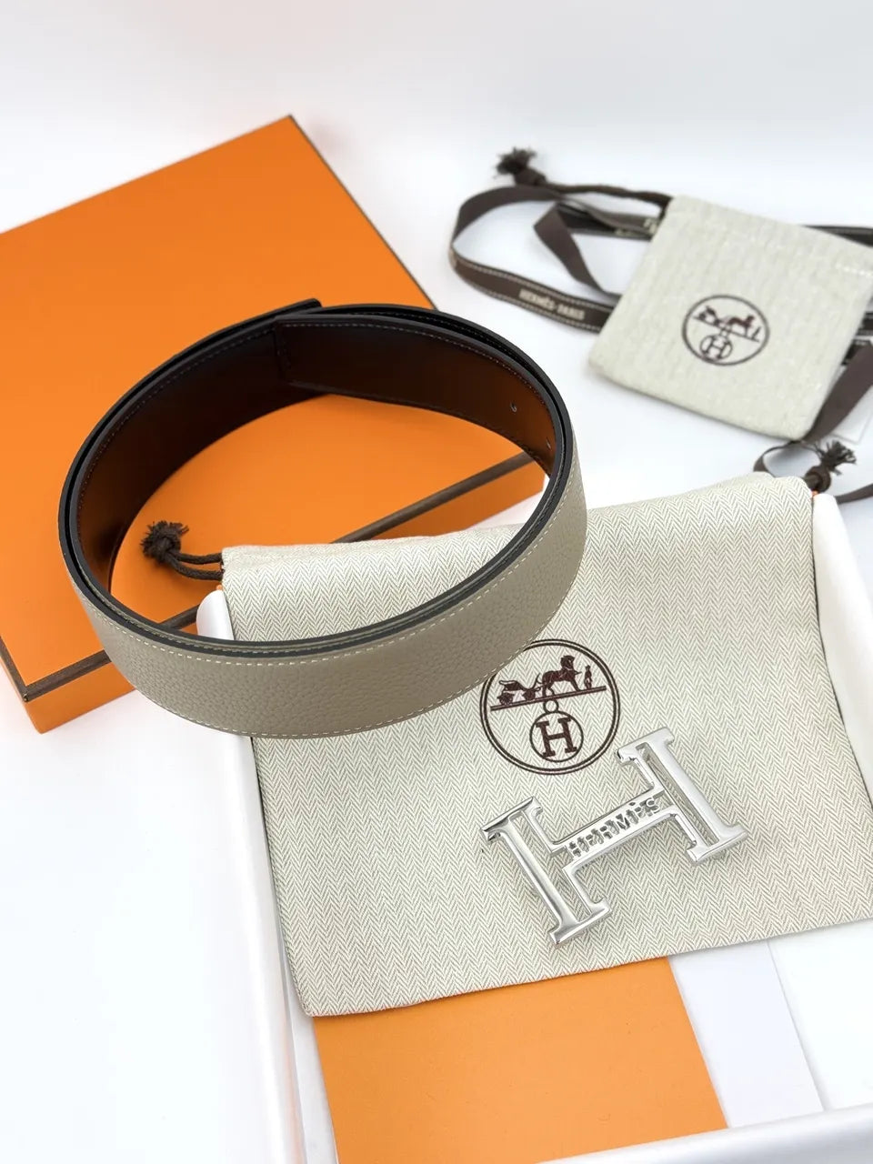 silver Hermes Grey Leather Belt