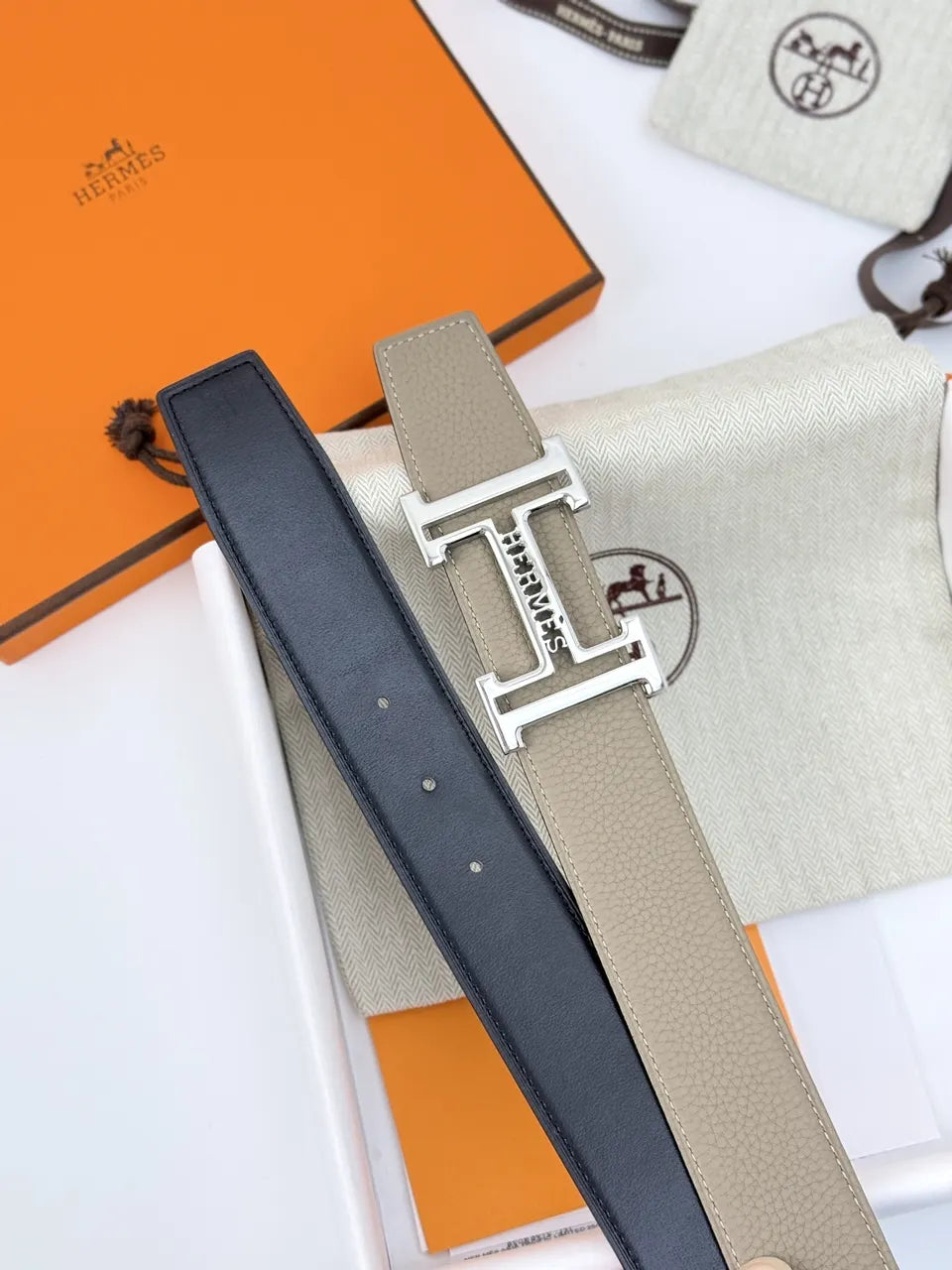 silver Hermes Grey Leather Belt - Hình 5