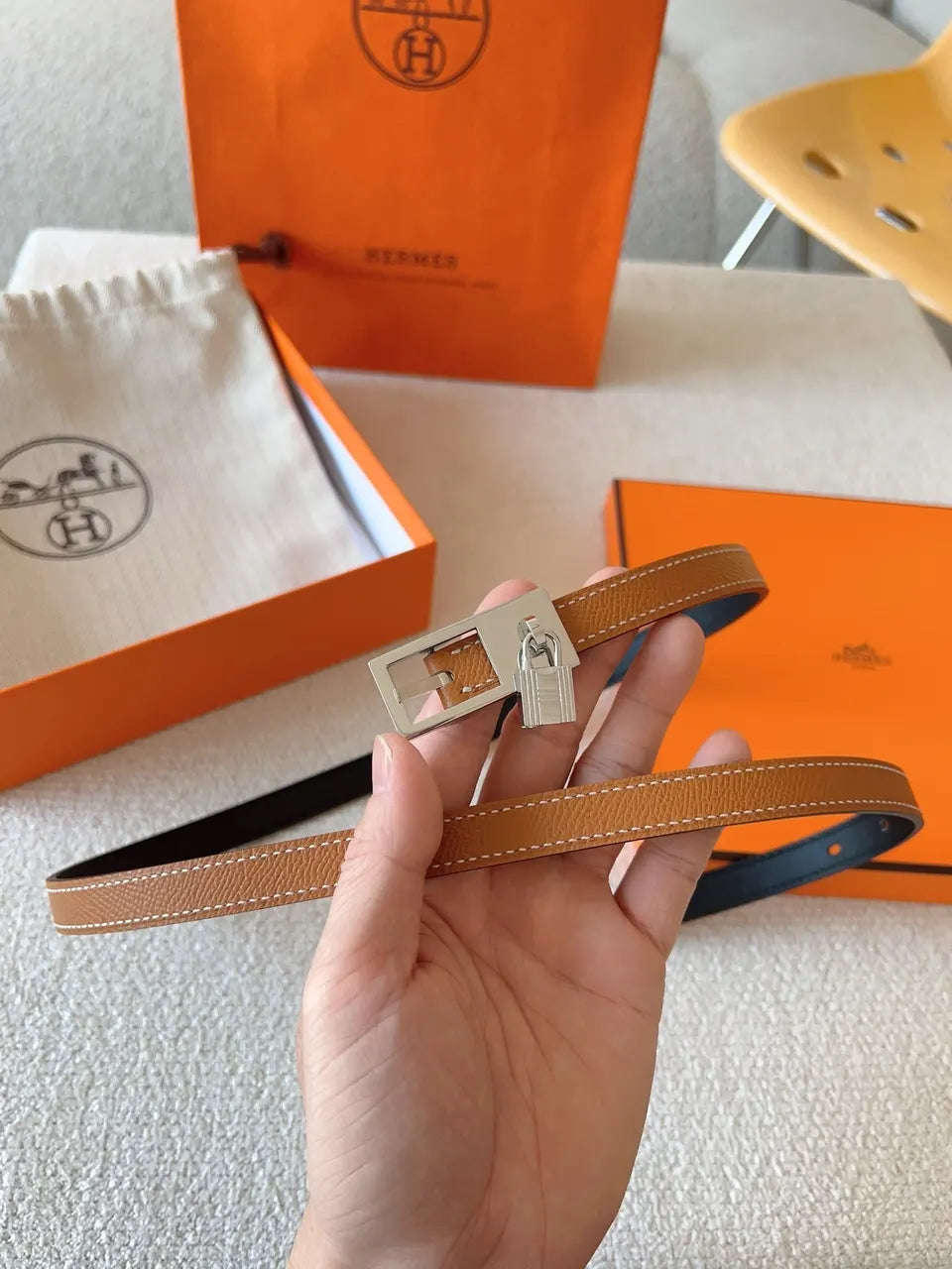Hermès Gold Togo Leather Belt - Hình 2