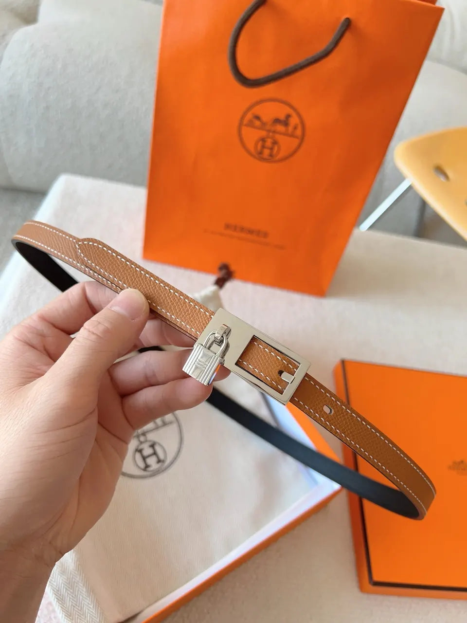 Hermès Gold Togo Leather Belt - Hình 3