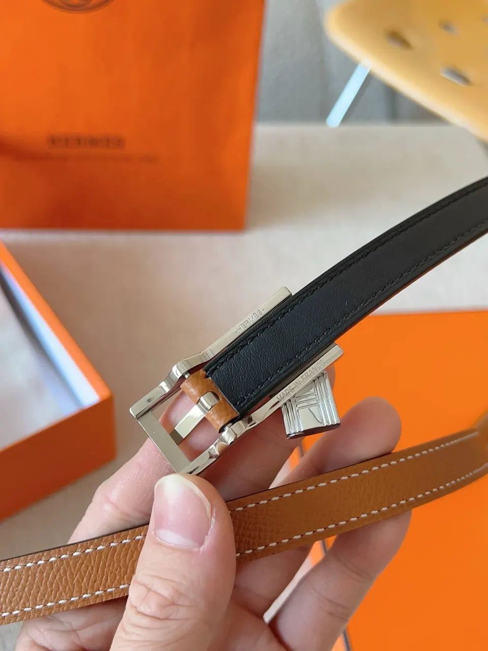 Hermès Gold Togo Leather Belt - Hình 8
