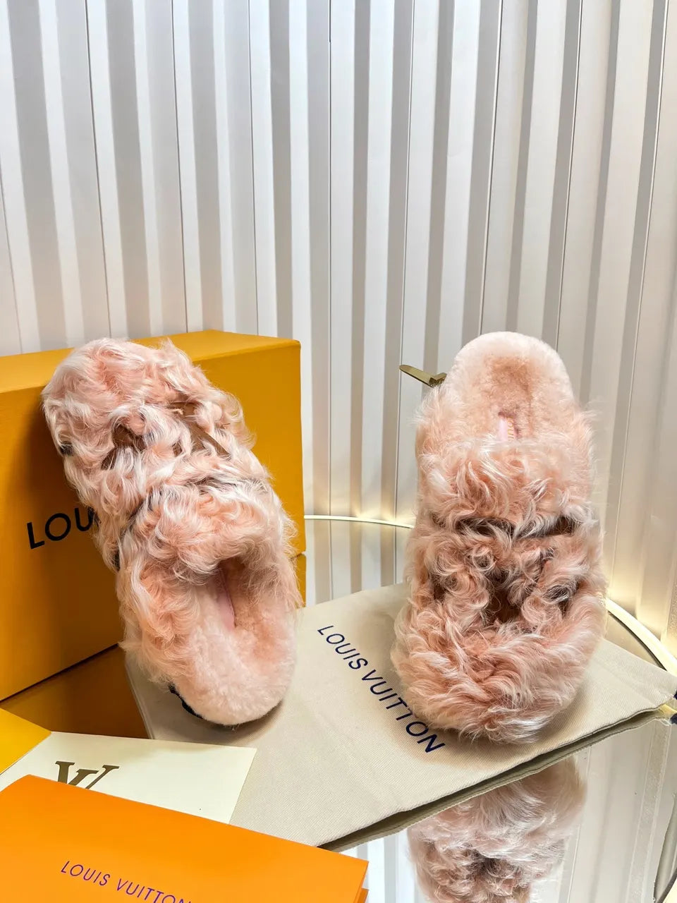 Louis Vuitton Pink Shearling Slippers - Hình 2