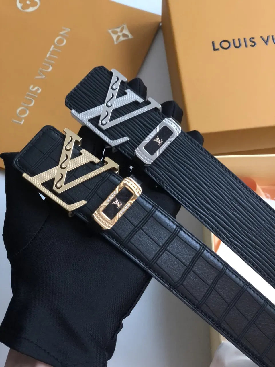 gold Louis Vuitton Black Croc Belt - Hình 8