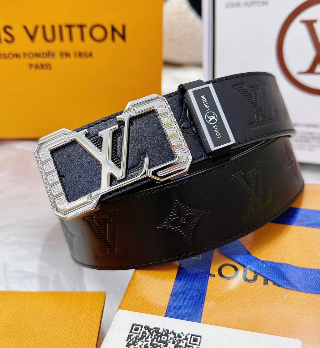 lv Louis Vuitton Black Embossed Leather Belt