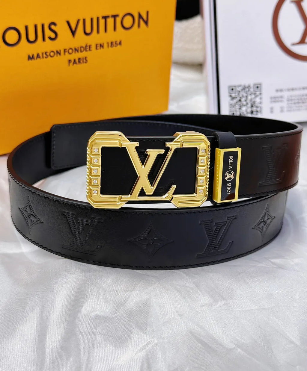 lv Louis Vuitton Black Embossed Leather Belt - Hình 4