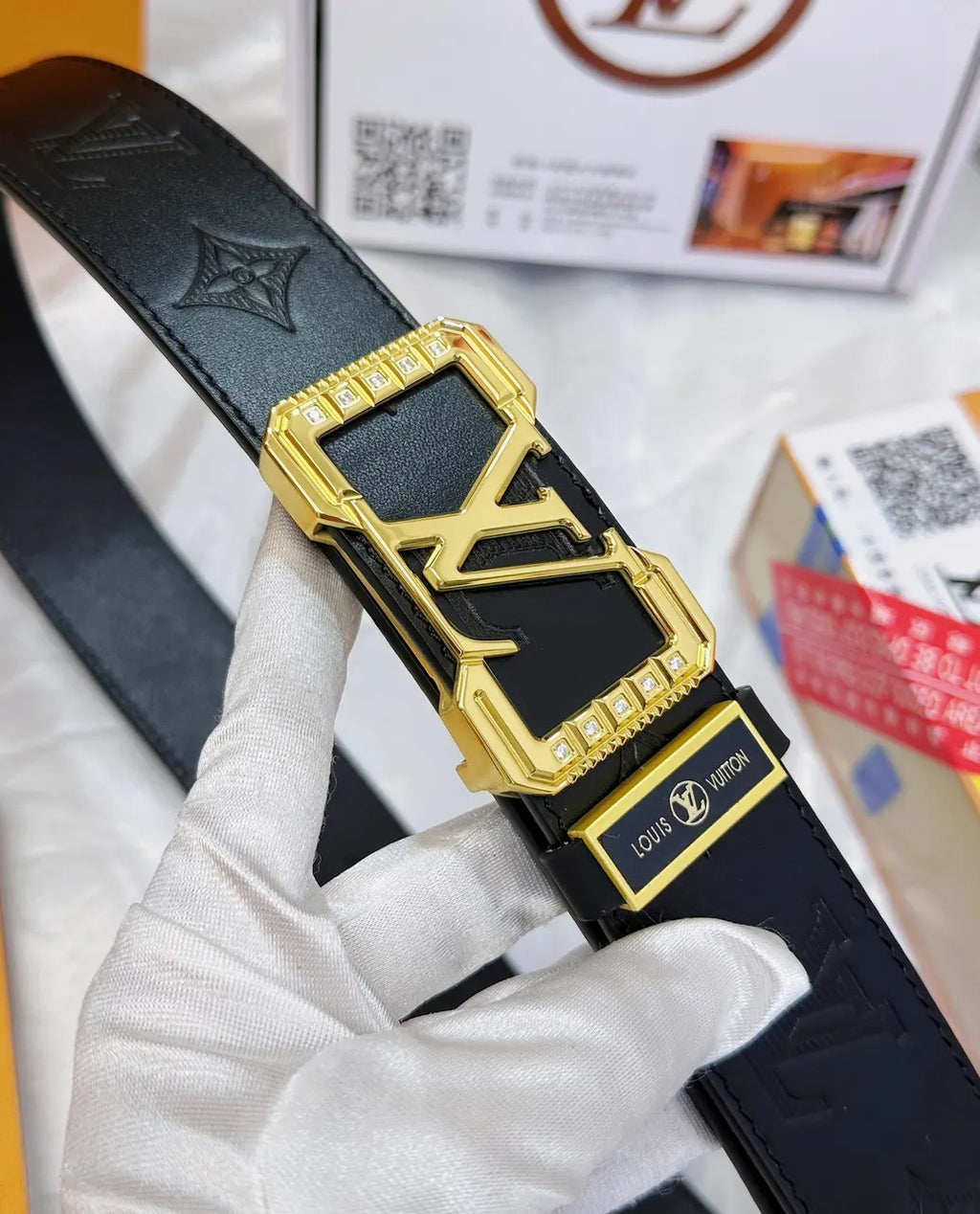 lv Louis Vuitton Black Embossed Leather Belt - Hình 5