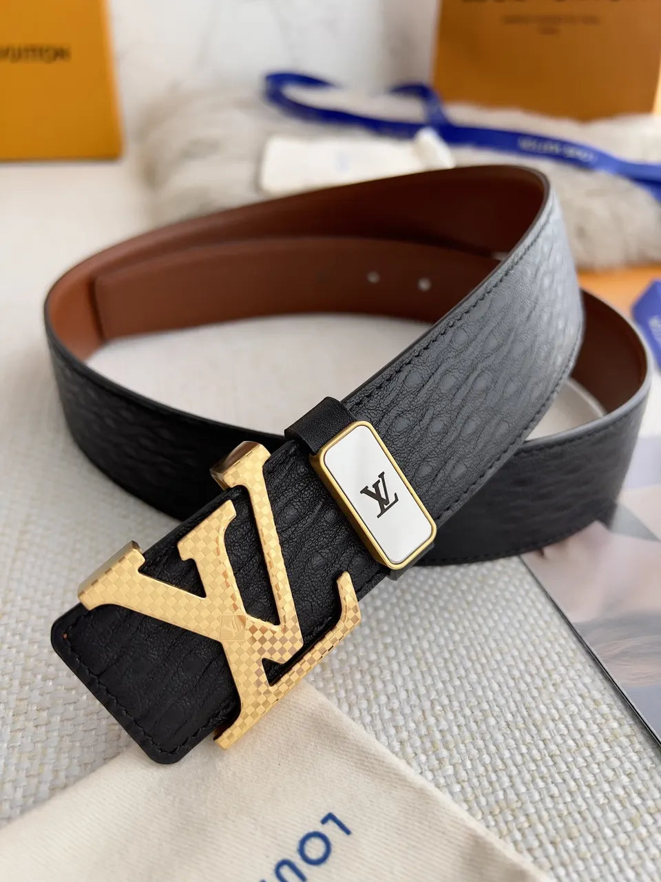silver LV Black Embossed Leather Belt - Hình 5