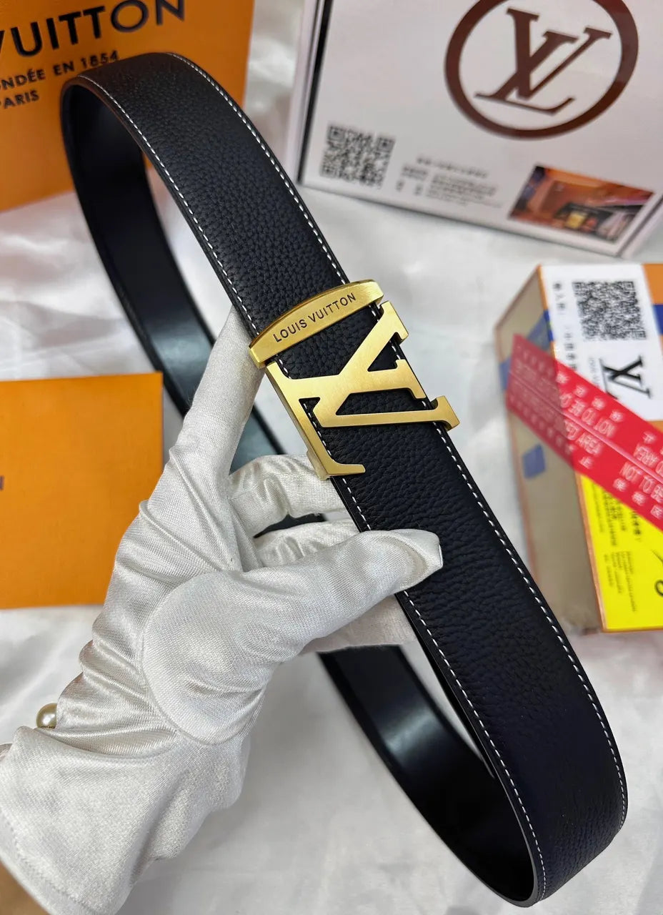 silver gold Louis Vuitton Black Leather Belt - Hình 5