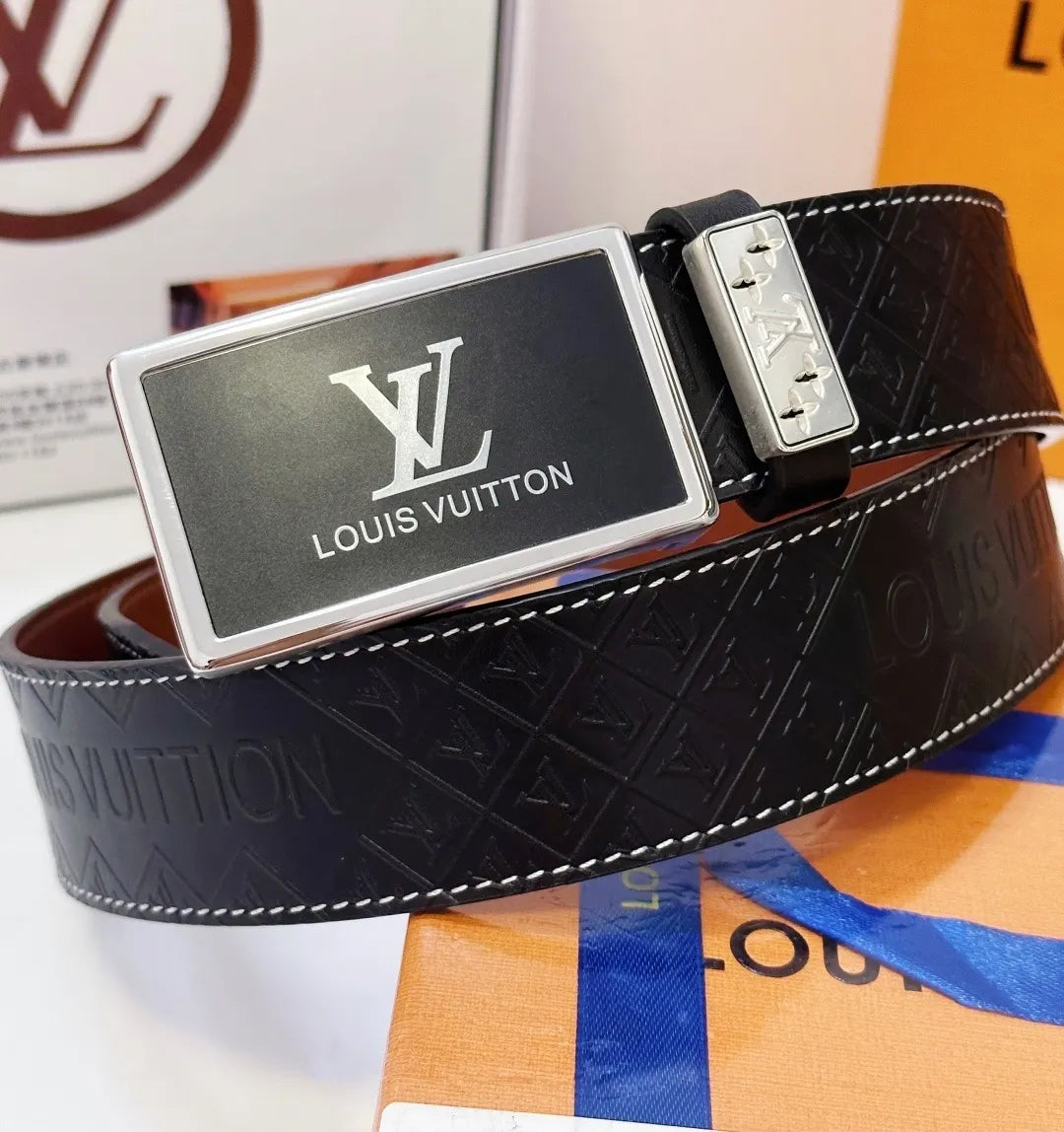 silver buckle Louis Vuitton Black Embossed Leather Belt