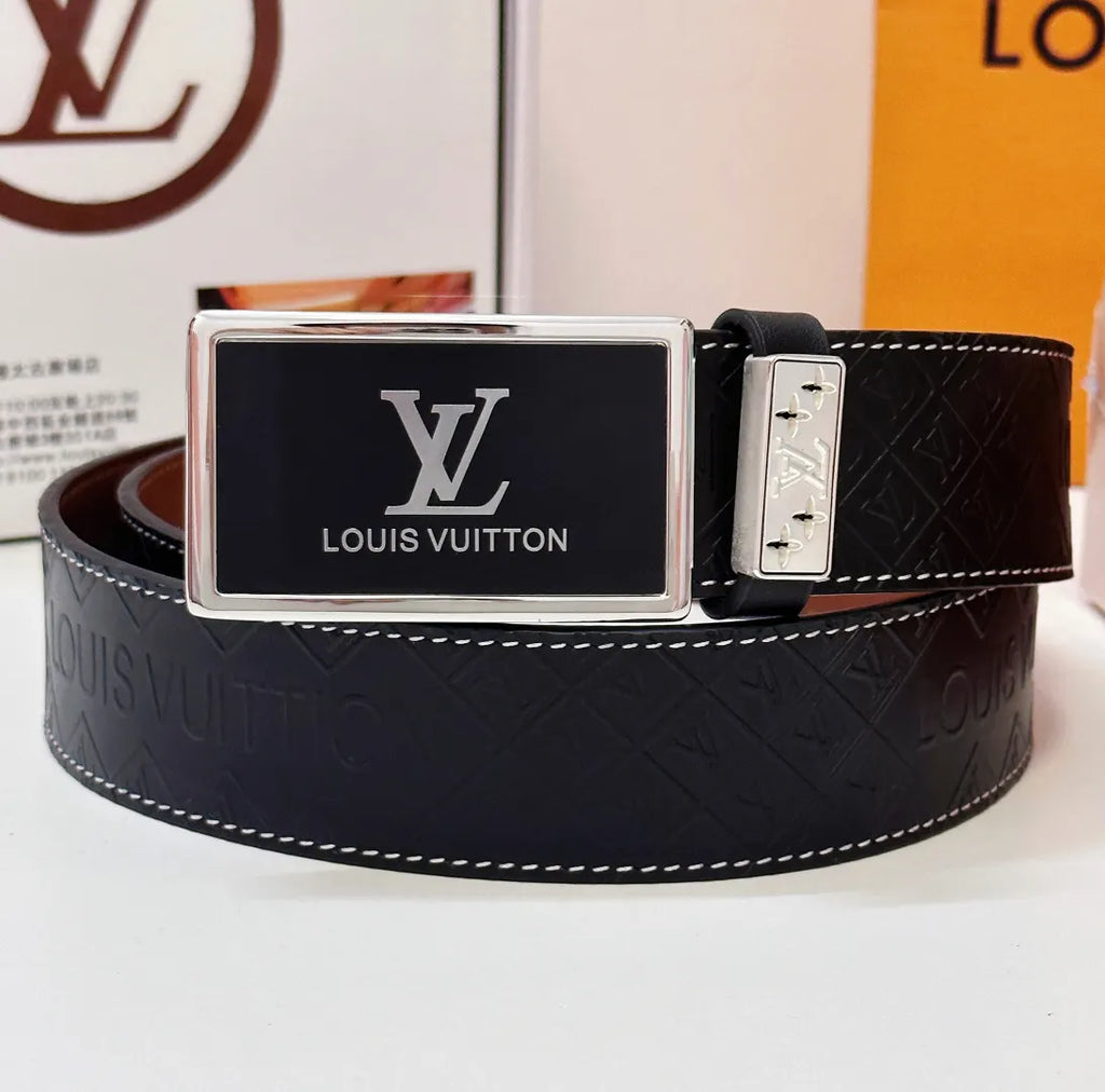 silver buckle Louis Vuitton Black Embossed Leather Belt - Hình 4